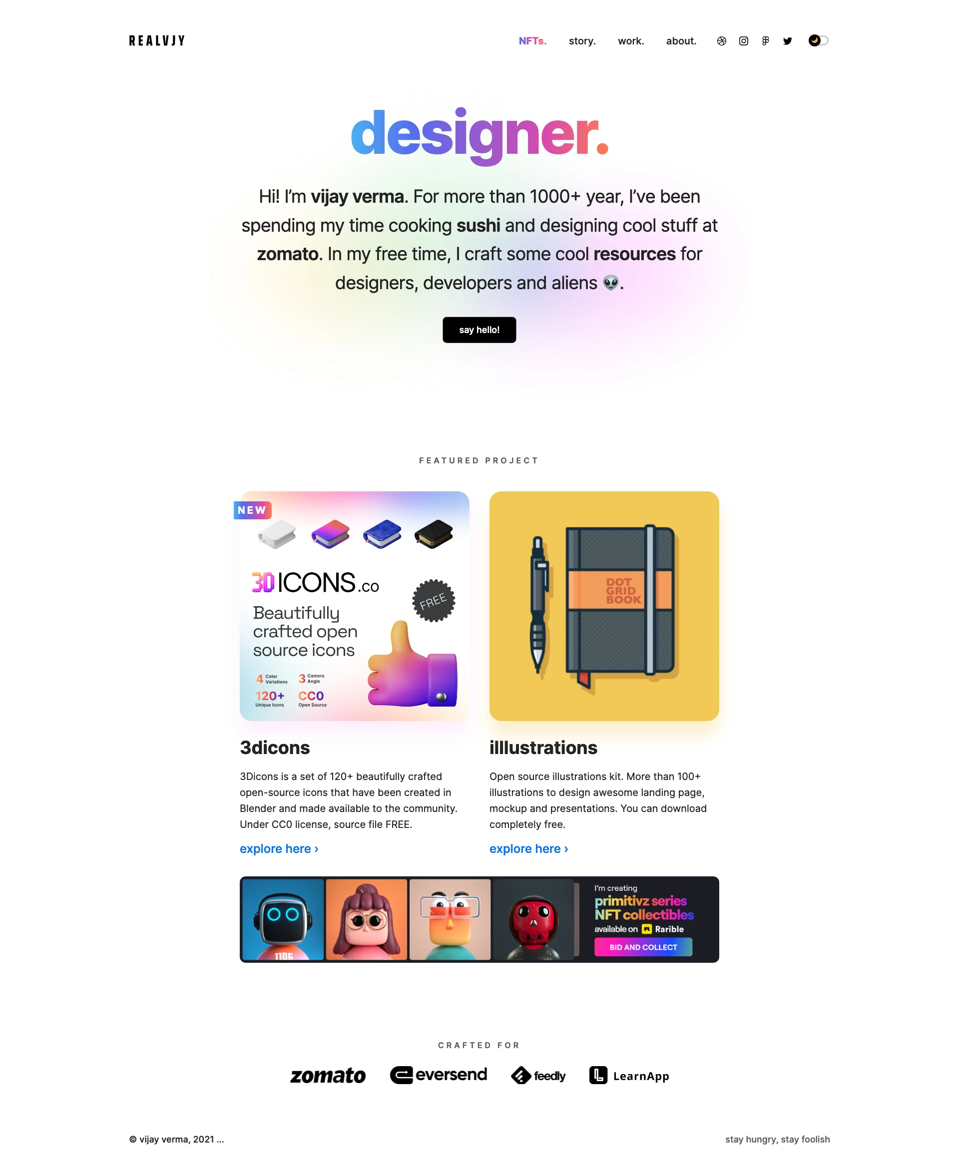 vijay verma Landing Page Example: A design chef leading and building inclusive design at zomato. Maker of Sushi Design System, illlustrations, uiprint, designletter...