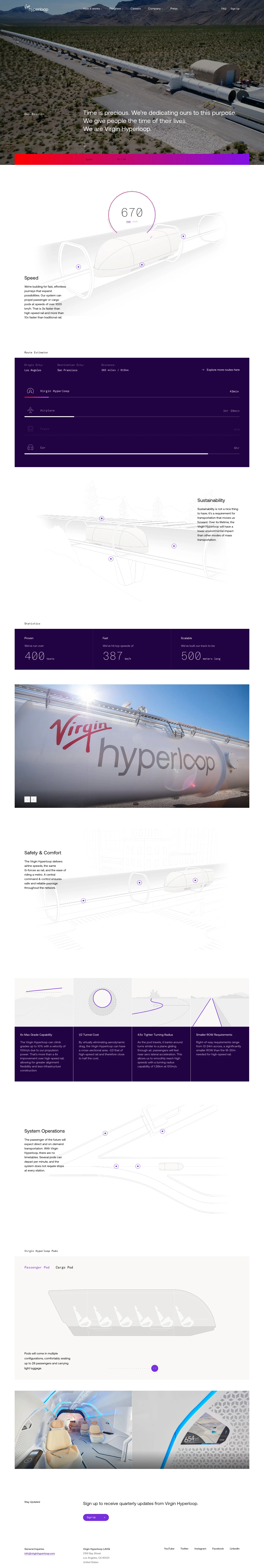 Virgin Hyperloop Landing Page Example: Virgin Hyperloop is the only company in the world that has successfully tested its technology at scale, launching the first new mode of mass transportation in over 100 years. 