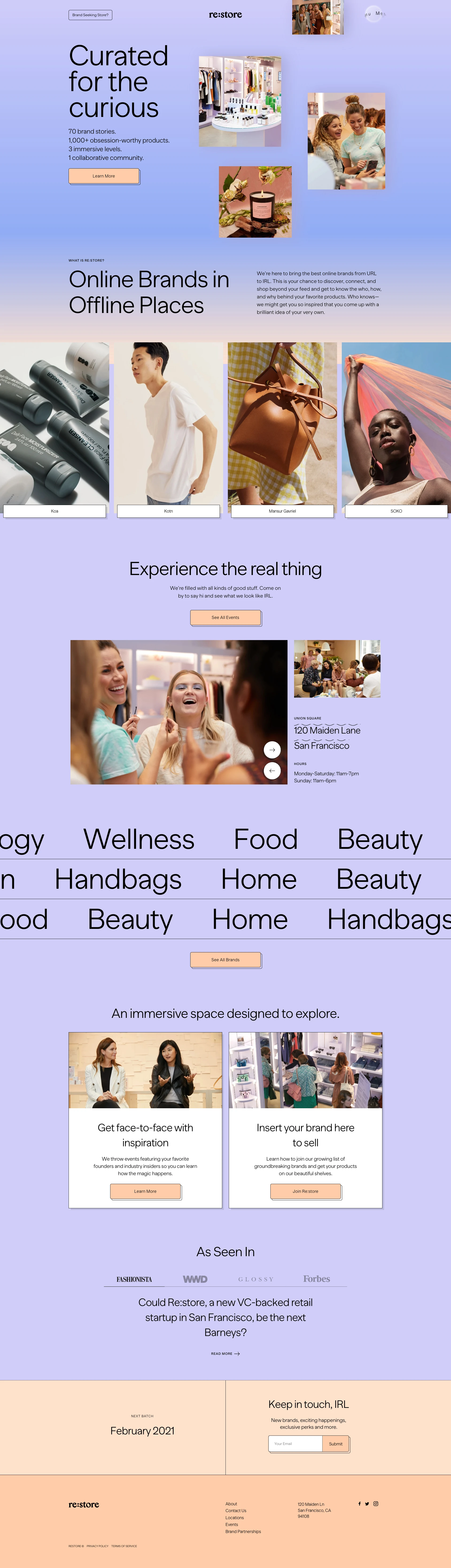 Re:store Landing Page Example: Bringing the best online brands to offline places - offering a community for creators, fans & friends to join forces.
