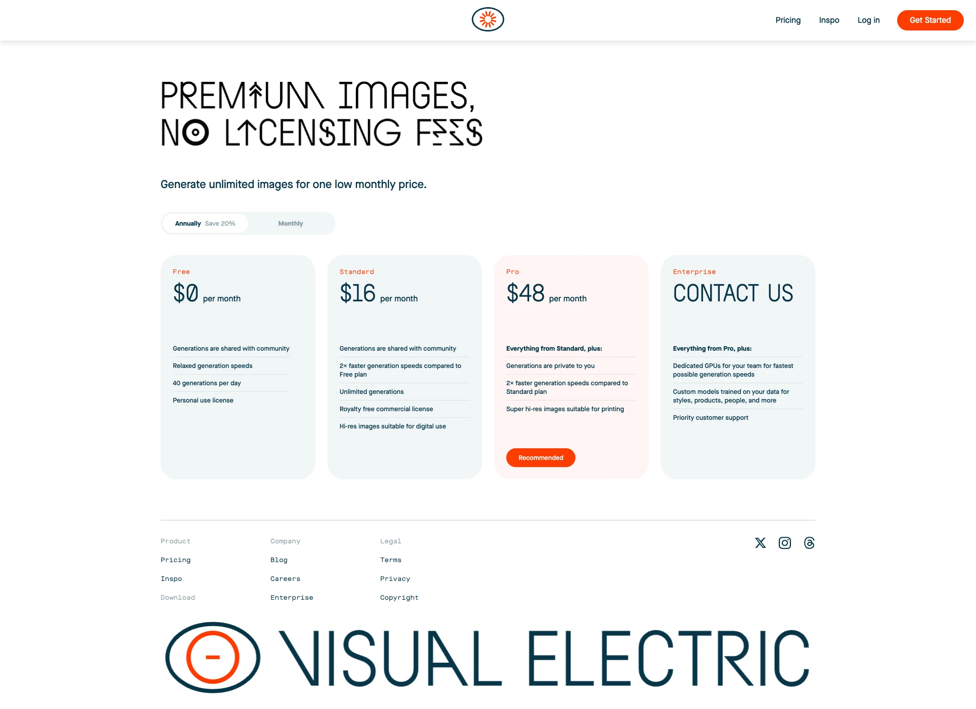 Visual Electric Landing Page Example: The first AI image generator designed for creatives. Bring your ideas to life with our infinite canvas and intuitive interface.