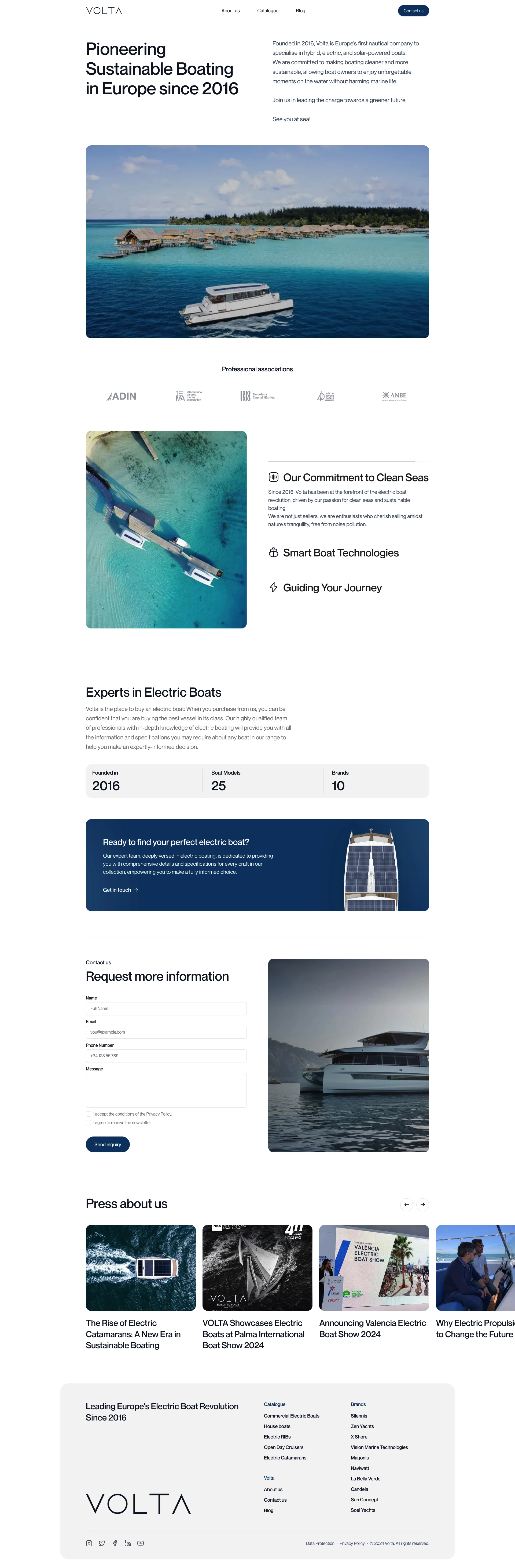 VOLTA Landing Page Example: Volta is a European company that specialises in hybrid, electric, and solar-powered boats. We're committed to making boating cleaner and more sustainable—so that you can live great moments on the water without damaging marine life!