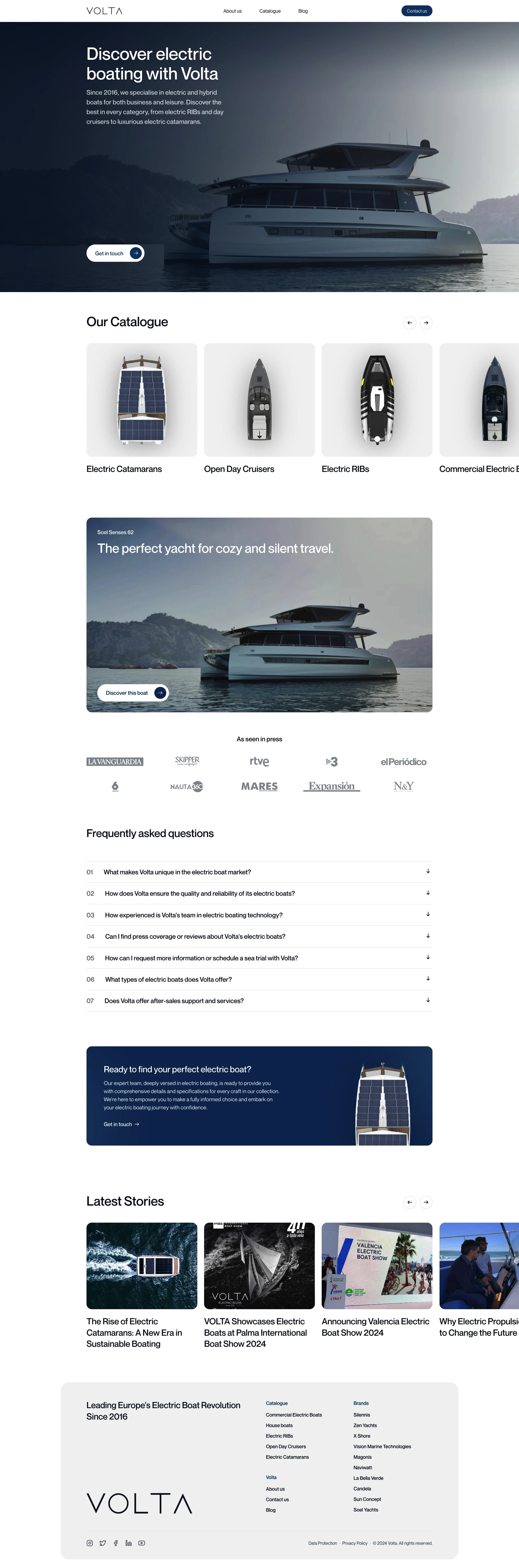 VOLTA Landing Page Example: Volta is a European company that specialises in hybrid, electric, and solar-powered boats. We're committed to making boating cleaner and more sustainable—so that you can live great moments on the water without damaging marine life!