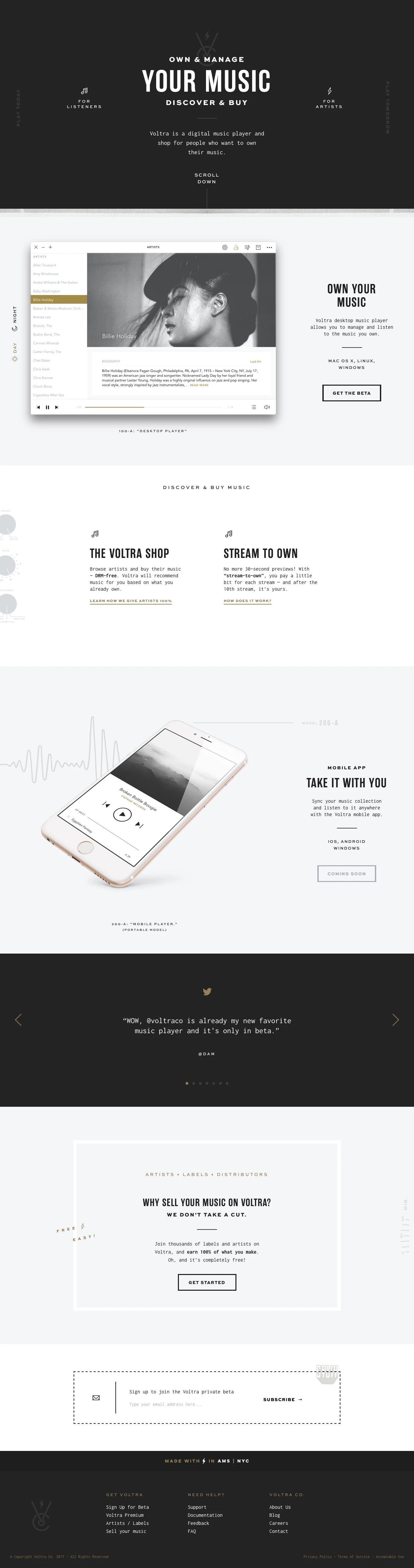 Voltra Landing Page Example: Voltra is a digital music player and shop for people who want to own their music.