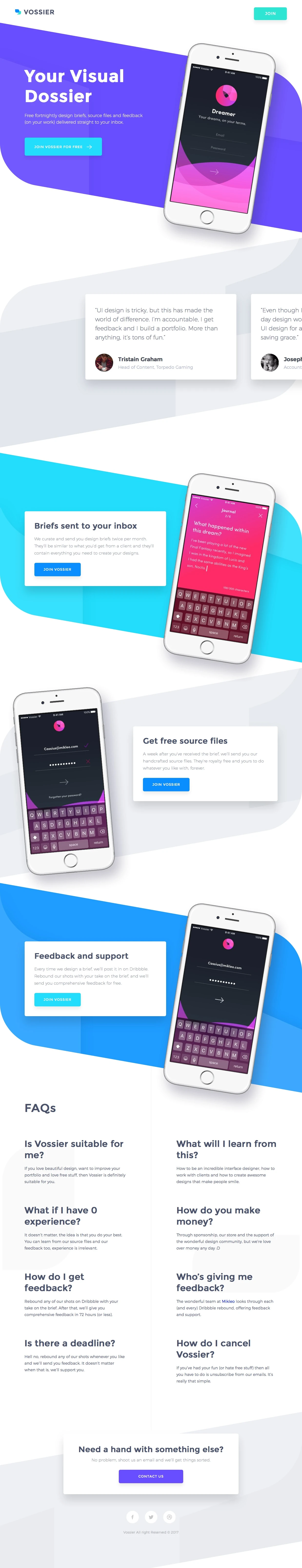 Vossier Landing Page Example: Free fortnightly design briefs, source files and feedback (on your work) delivered straight to your inbox.