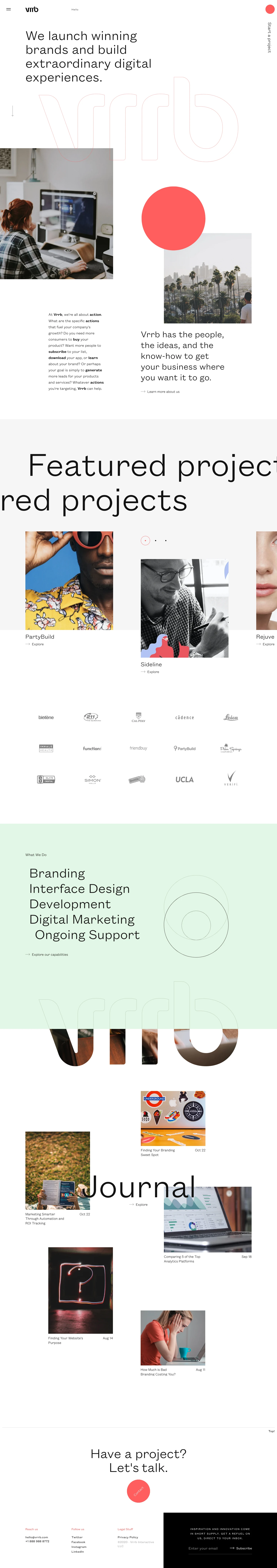 Vrrb Landing Page Example: We’re award-winning designers & web developers in Los Angeles, San Francisco, and Berlin, launching extraordinary brands and building custom experiences.