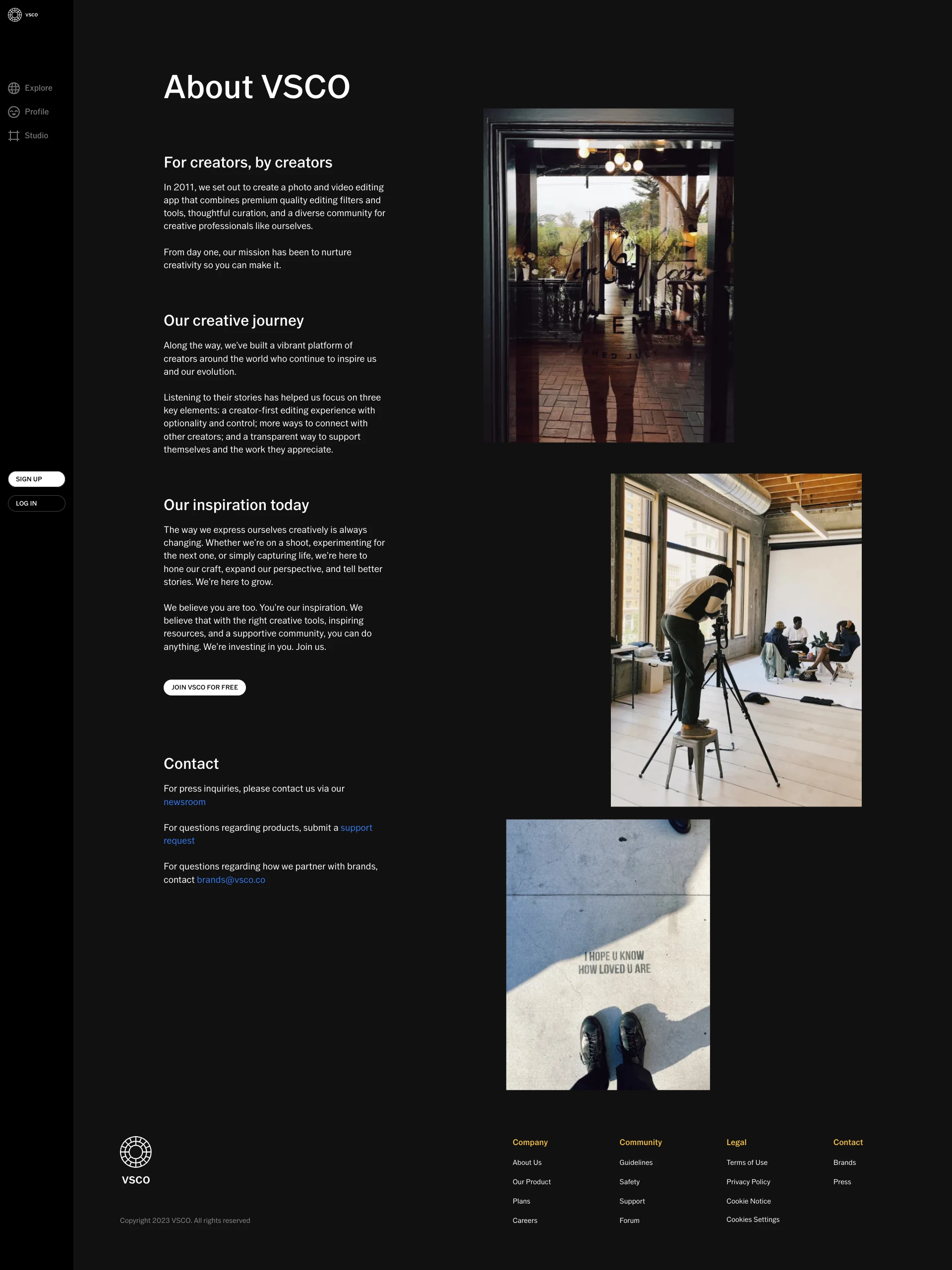 VSCO Landing Page Example: Professional-grade presets, quality photo and video tools, and a world-class creative community so you can master your photography skills and achieve image quality across mobile and desktop.