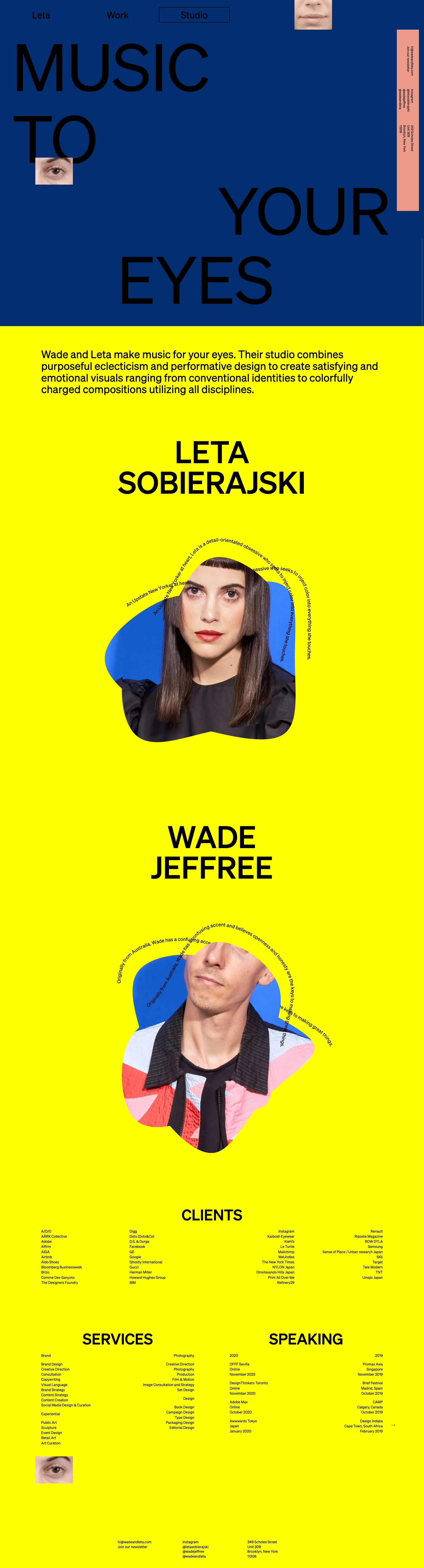 Wade and Leta Landing Page Example: The Brooklyn creative studio of Wade Jeffree and Leta Sobierajski — a couple who share a taste for quirky aesthetics and crisp design.