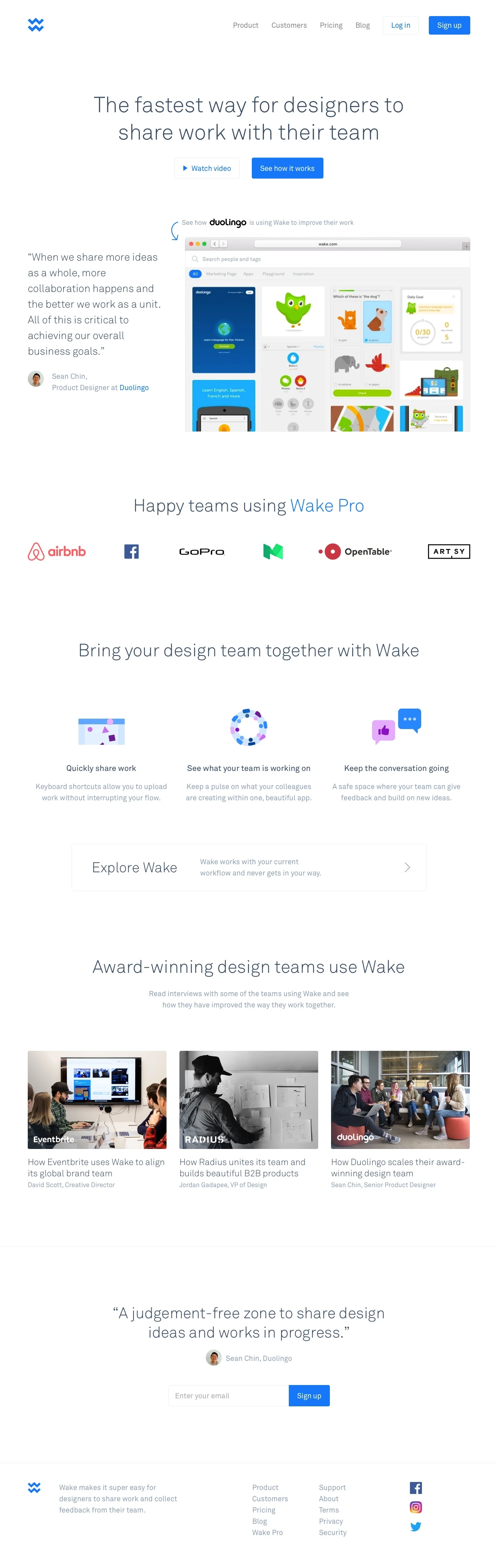 Wake Landing Page Example: The fastest and easiest way for designers to share work and collect feedback from their team.