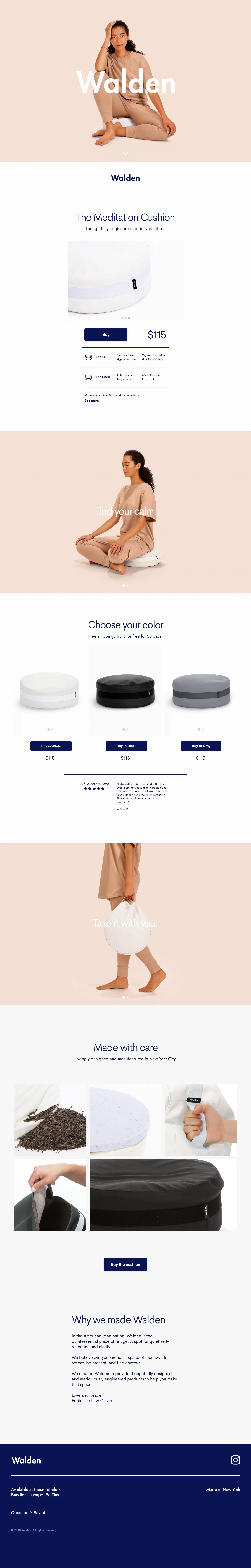 Walden Landing Page Example: A cushion that looks as good as it feels. Meticulously designed and engineered. Made with care in New York.