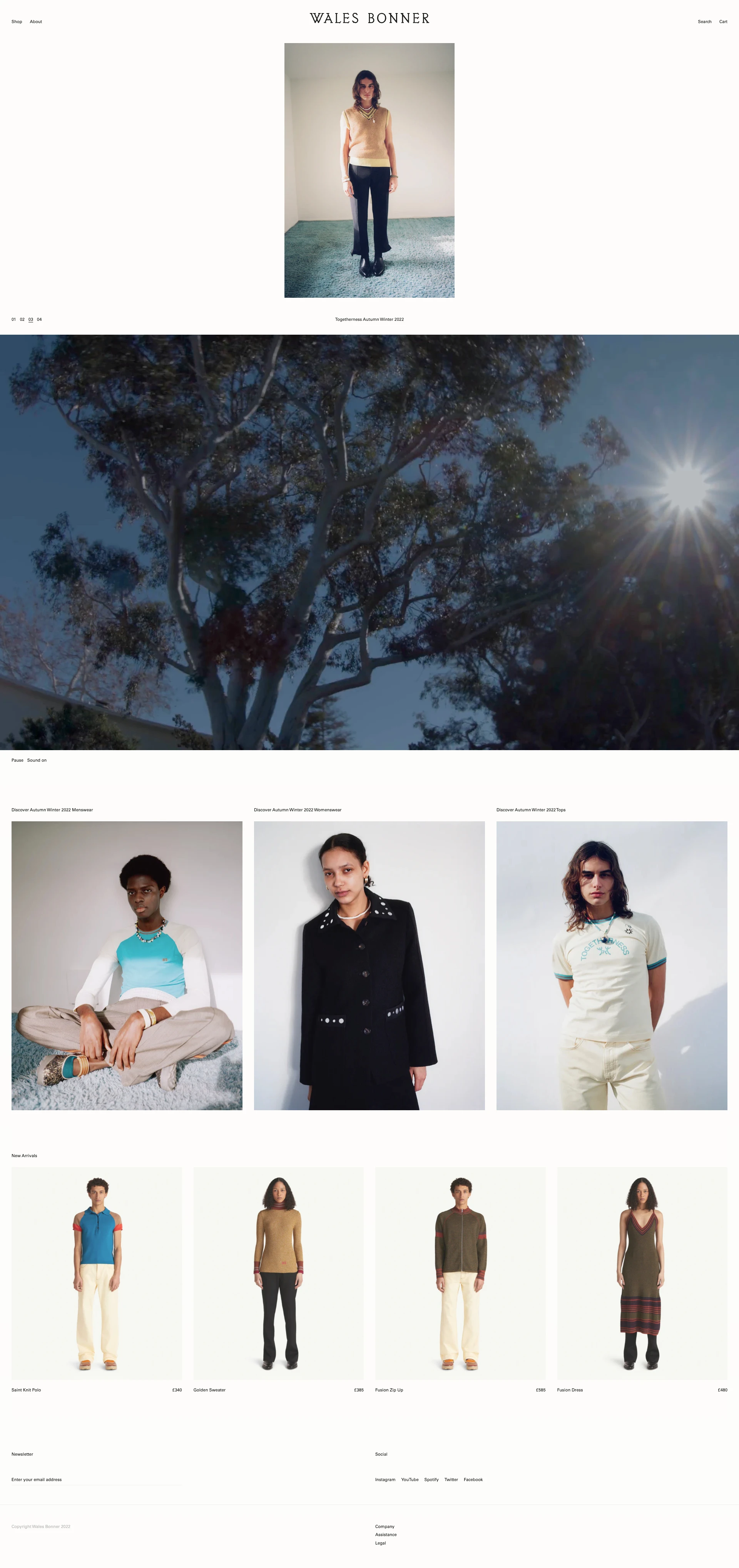 Wales Bonner Landing Page Example: Established in 2014 by Grace Wales Bonner as a menswear brand, Wales Bonner’s soulful tailoring soon expanded to womenswear. Discover the latest collections.