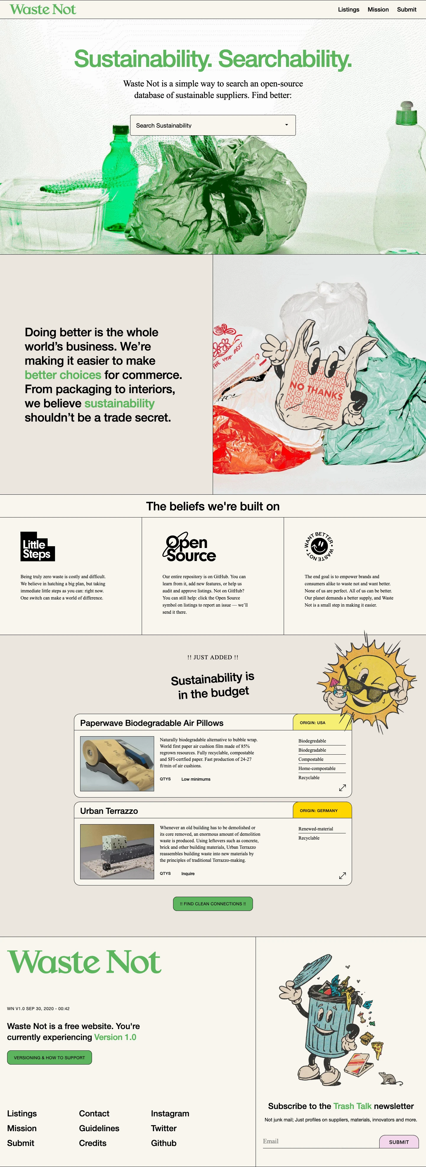 Waste Not Landing Page Example: Sustainable suppliers for packaging, fashion, interiors, restaurants and more. Clean up your supply chain.