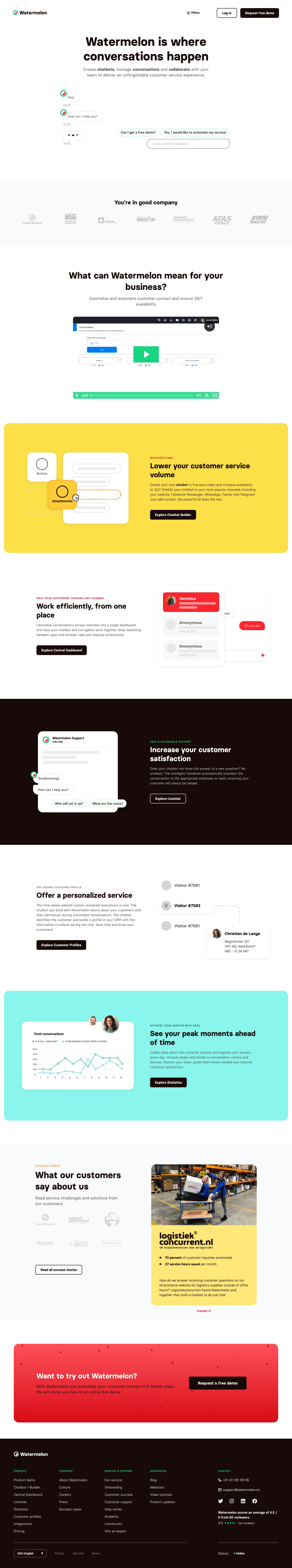 Watermelon Landing Page Example: Watermelon is where conversations happen. Create chatbots, manage conversations and collaborate with your team to deliver an unforgettable customer service experience.