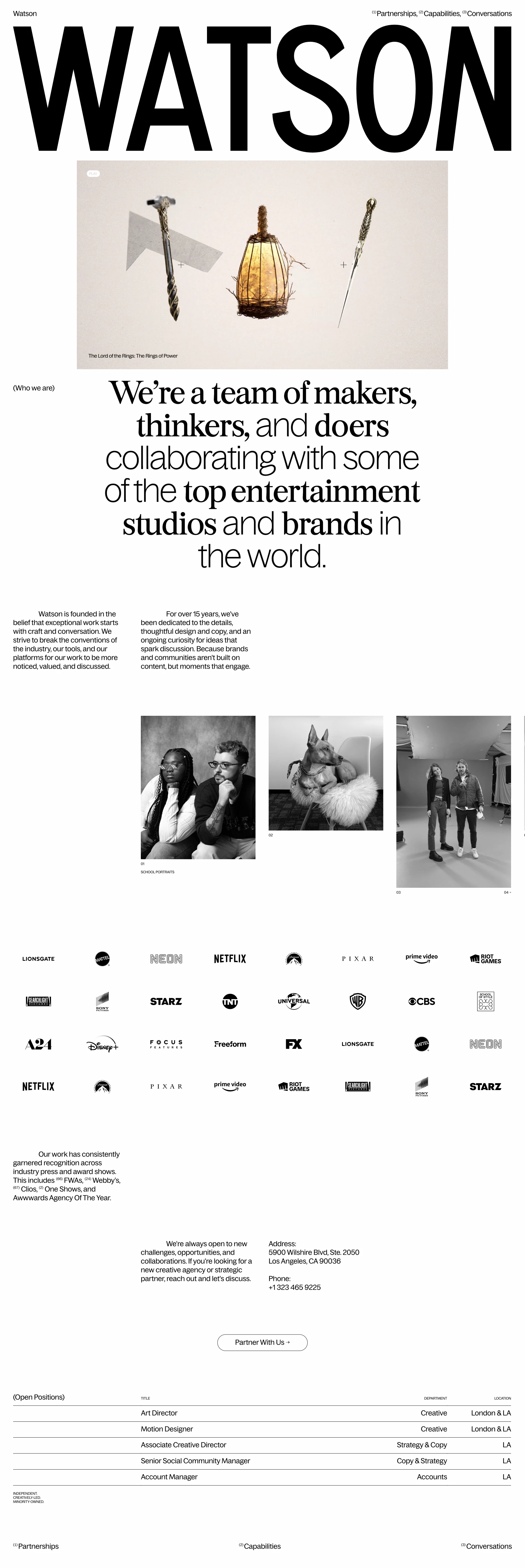 Watson Landing Page Example: We’re a team of makers, thinkers, and doers collaborating with some of the top entertainment studios and brands in the world.