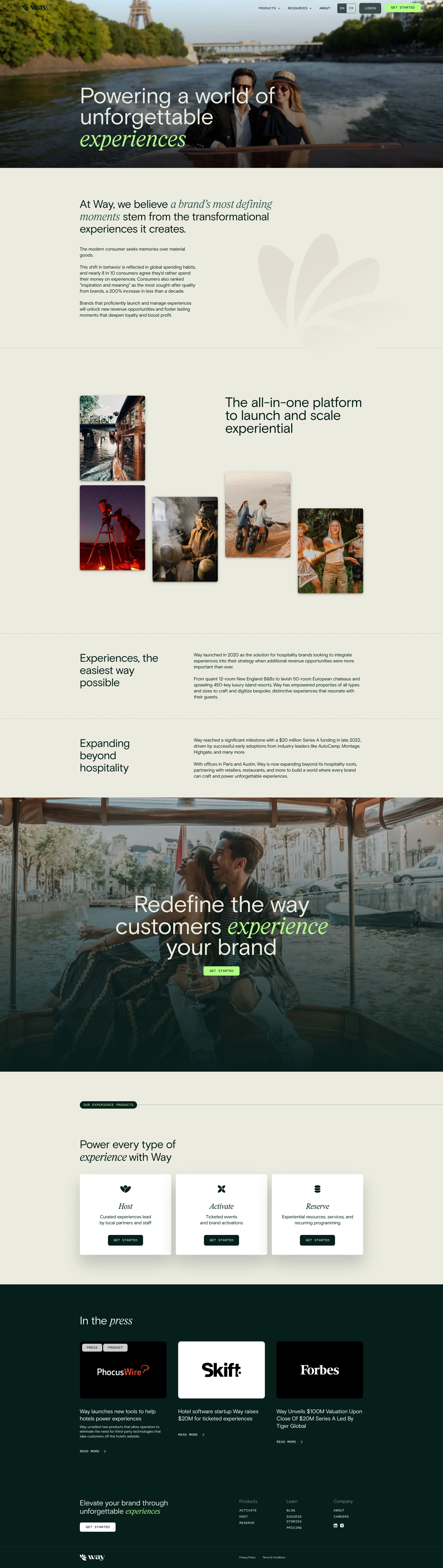 Way Landing Page Example: Unlock the extraordinary power of experiences. Elevate the way people interact with your brand. Launch and scale experiential with Way.
