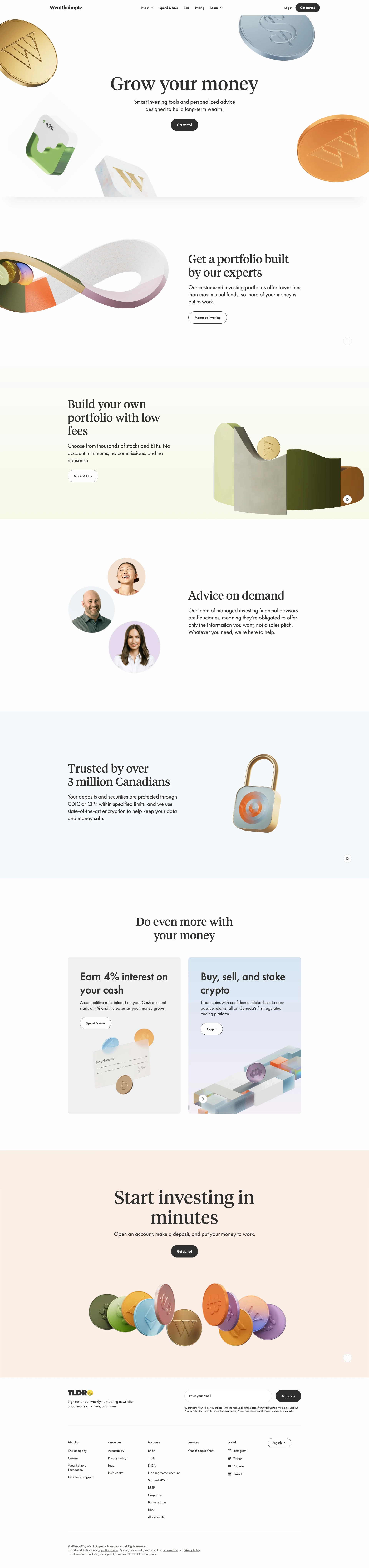 Wealthsimple Landing Page Example: Grow your money. Smart investing tools and personalized advice designed to build long-term wealth.
