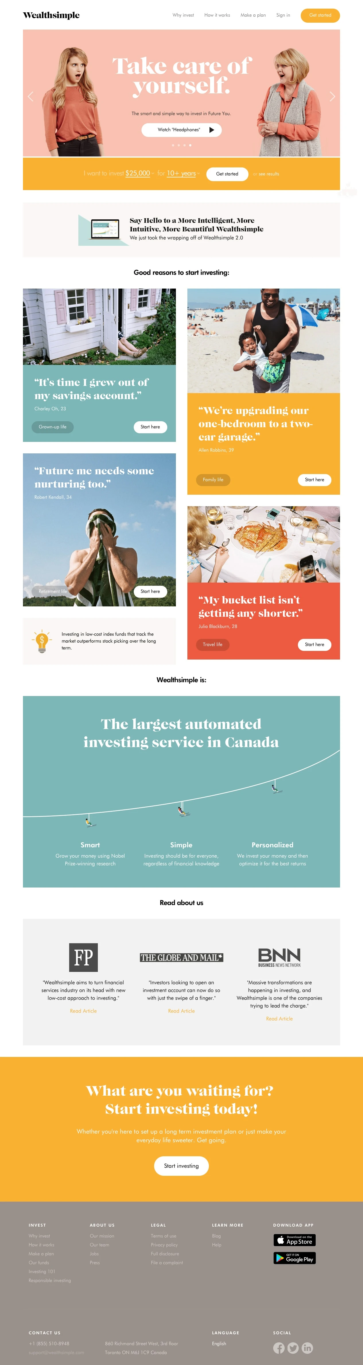 Wealthsimple Landing Page Example: The smart and simple way to invest in Future You. We use a Nobel Prize-winning approach to build you a diversified portfolio of low-fee funds in minutes.