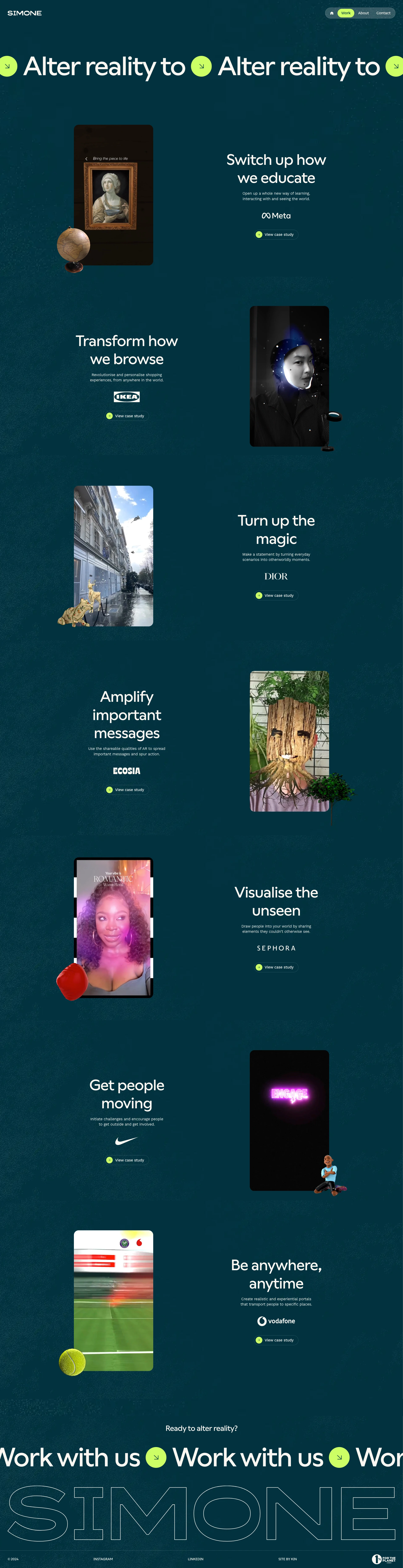 Simone Landing Page Example: Simone is a creative studio that believes in the power of AR to prompt action, inspire change and turn up the magic.
