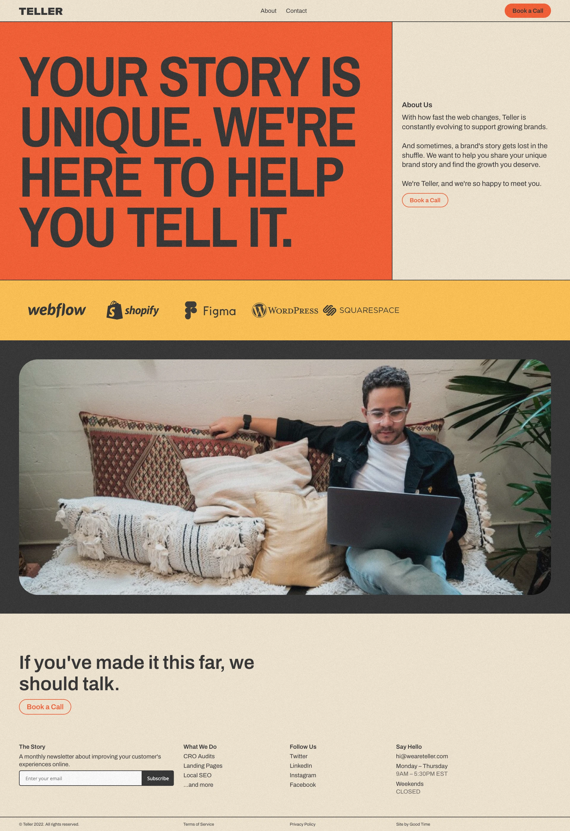 Teller Landing Page Example: Hi, we're Teller. A CRO-obsessed agency helping your e-commerce brand grow using data-driven messaging and design.