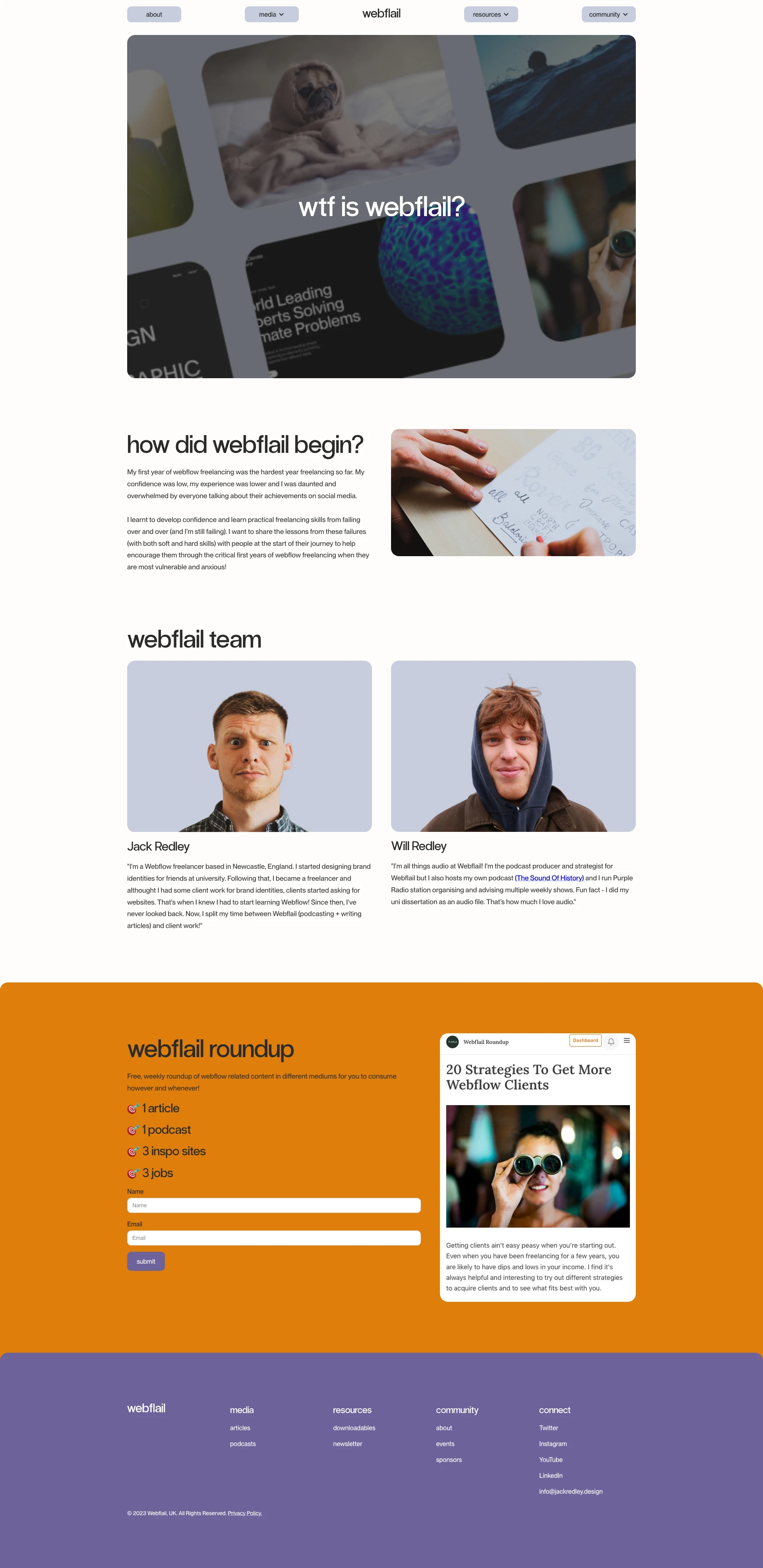 Webflail Landing Page Example: Webflow resources for beginner Webflowers. Webflail helps you to freelance, learn from failures, gain confience and pick up practical tips & tricks to succeed.
