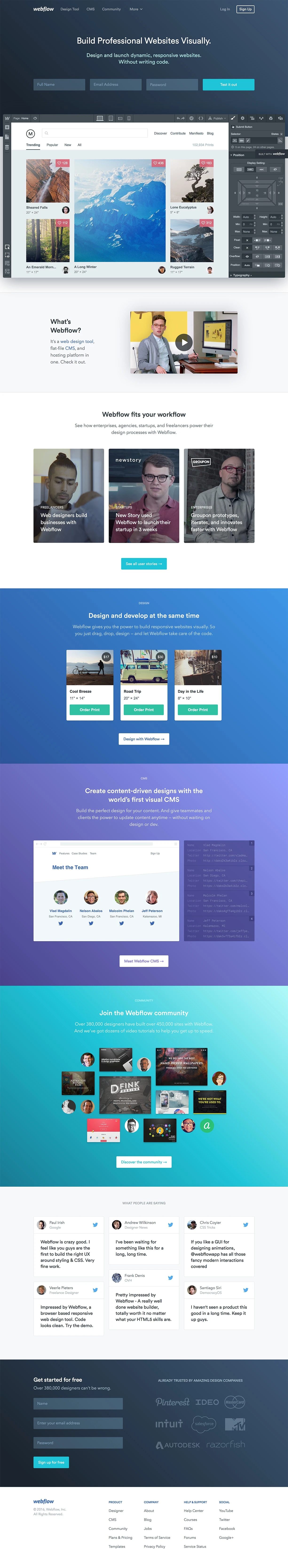 Webflow Landing Page Example: Build responsive websites in your browser. Launch with a click. Or export your code to host wherever. Discover the professional website builder made for designers.