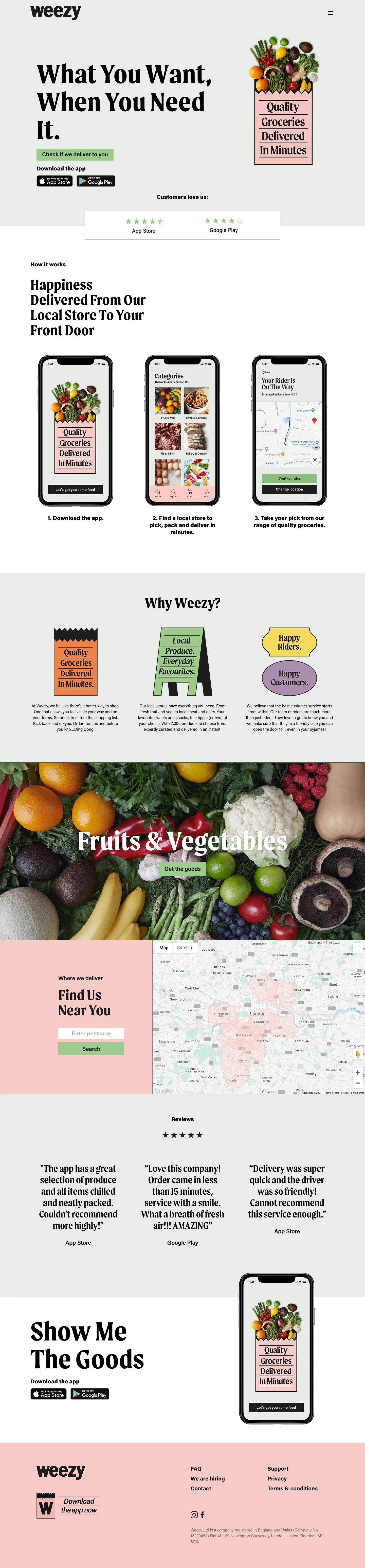 Weezy Landing Page Example: A supermarket that delivers in 15 minutes. Order in seconds, deliver in minutes.