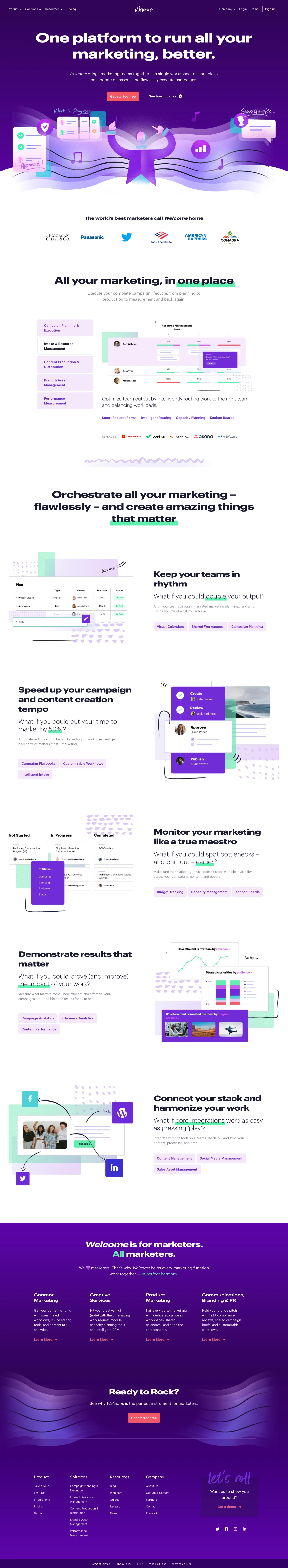 Welcome Software Landing Page Example: One platform to run all your marketing, better. Welcome brings marketing teams together in a single workspace to share plans, collaborate on assets, and flawlessly execute campaigns.