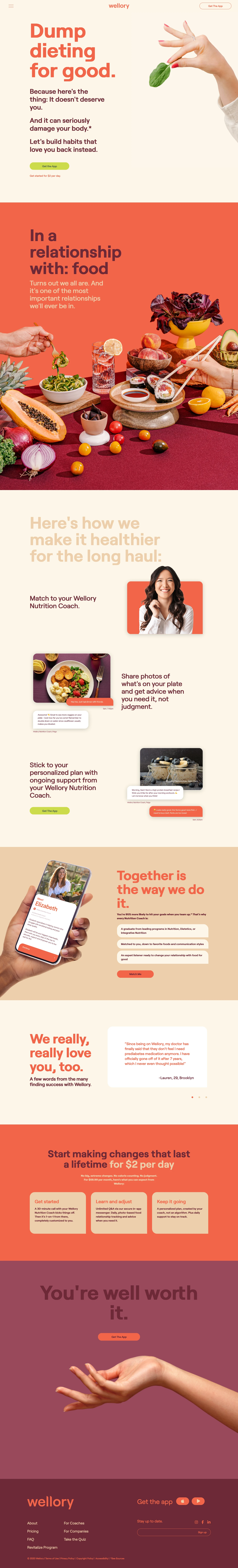 Wellory Landing Page Example: You are so not alone. Team up with a Wellory Nutritionist to change your relationship with food for good, starting today.