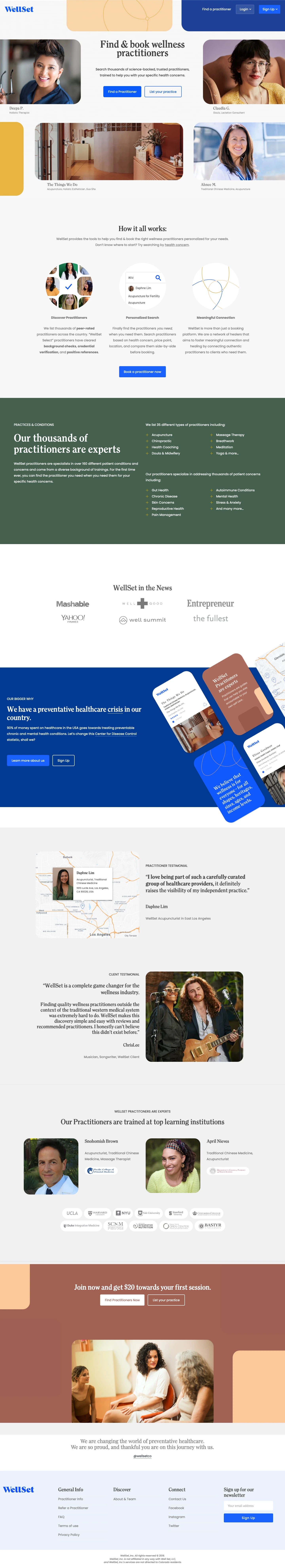 WellSet Landing Page Example: Find & book wellness practitioners. Search thousands of science-backed, trusted practitioners, trained to help you with your specific health concerns. 