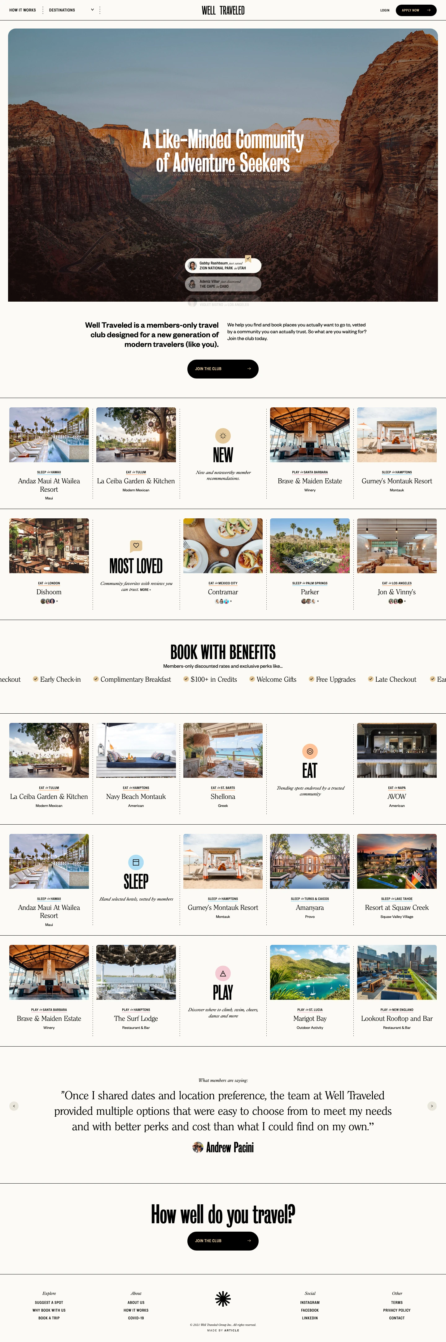 Well Traveled Landing Page Example: A members-only platform for travelers, foodies and adventure seekers.