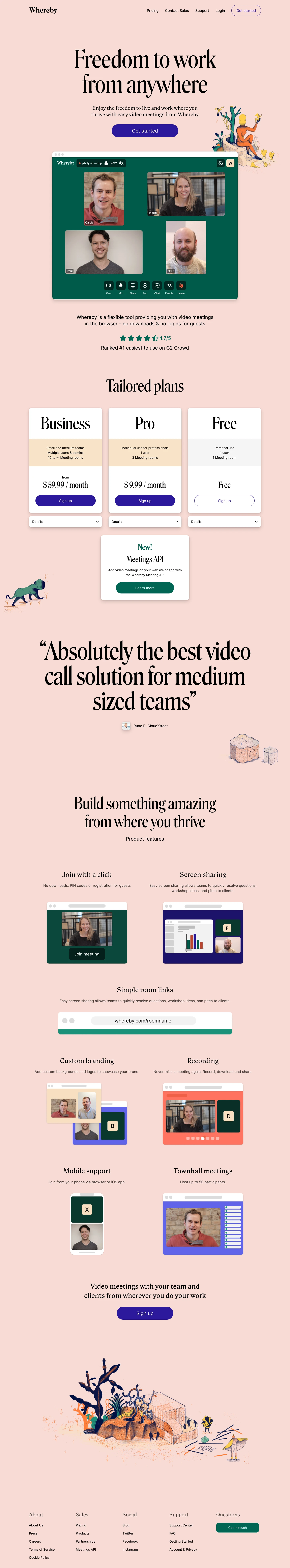 Whereby Landing Page Example: Freedom to workfrom anywhere. Enjoy the freedom to live and work where you thrive with easy video meetings from Whereby.