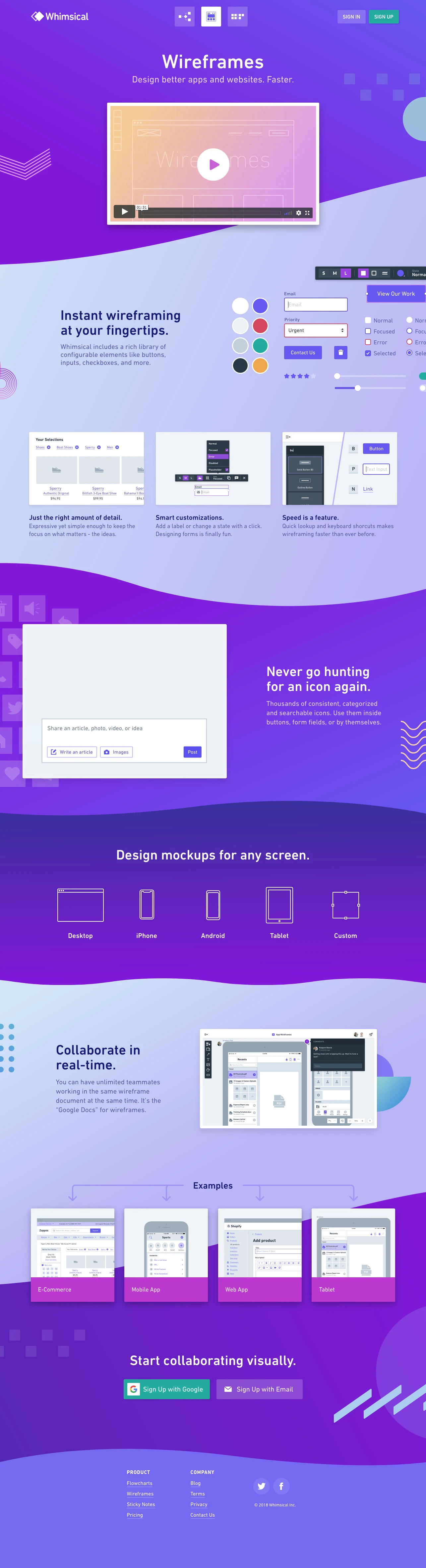 Whimsical Wireframes Landing Page Example: Collaborate on your ideas visually. Lightning fast.