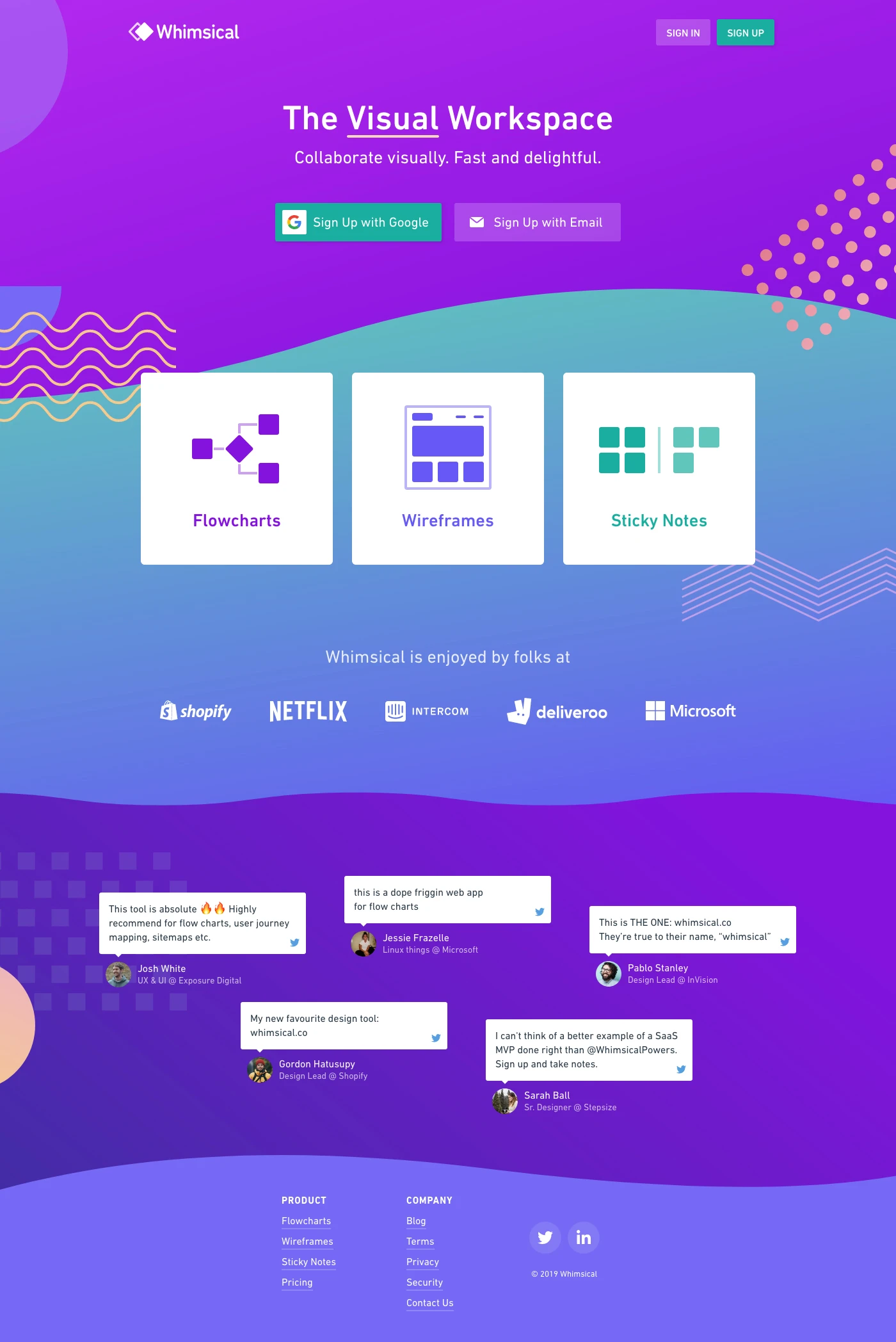 Whimsical Landing Page Example: Collaborate visually! Craft flows with Flowcharts, design UIs with Wireframes and run projects with Sticky Notes. Whimsical is fast and delightful.