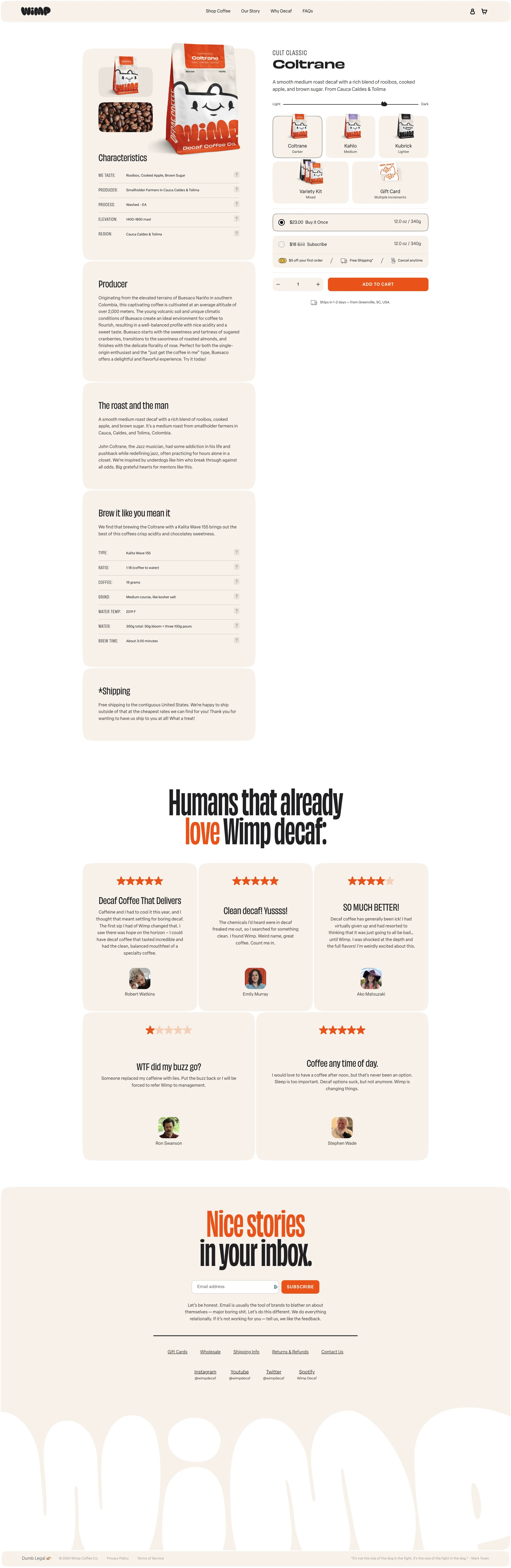 Wimp Landing Page Example: Welcome to Wimp, a very chill revolution. No pitchforks or storming the castle — just decaf, the underdog of coffee, coming to play with the big kids.