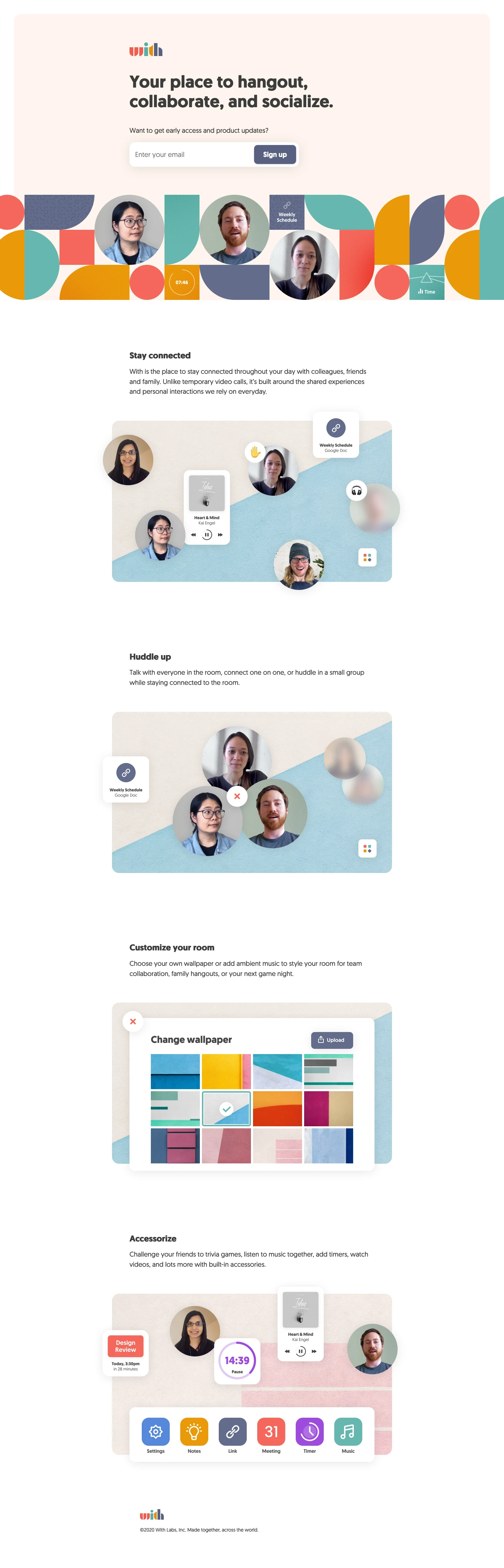 With Landing Page Example: With, your place to hangout, collaborate, and socialize.