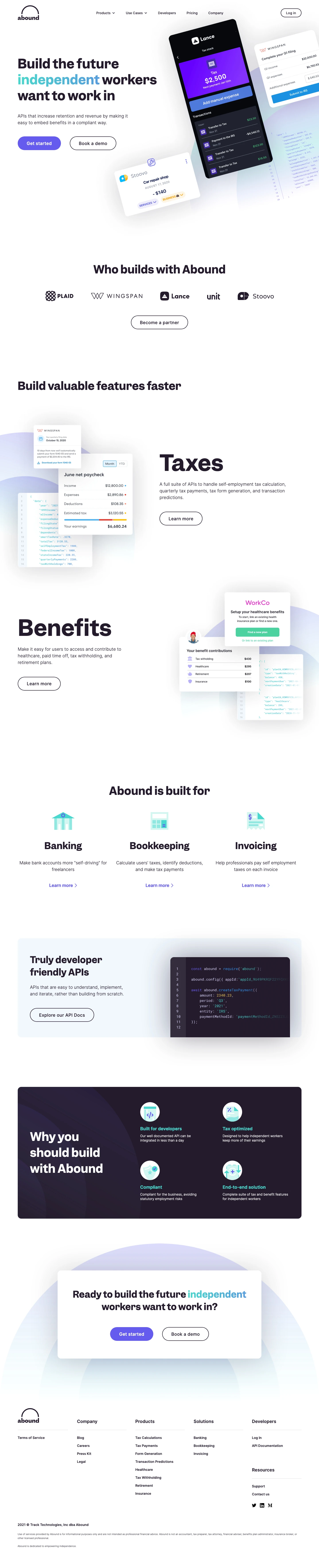Abound Landing Page Example: Build the future independent workers want to work in. APIs that increase retention and revenue by making it easy to embed benefits in a compliant way.