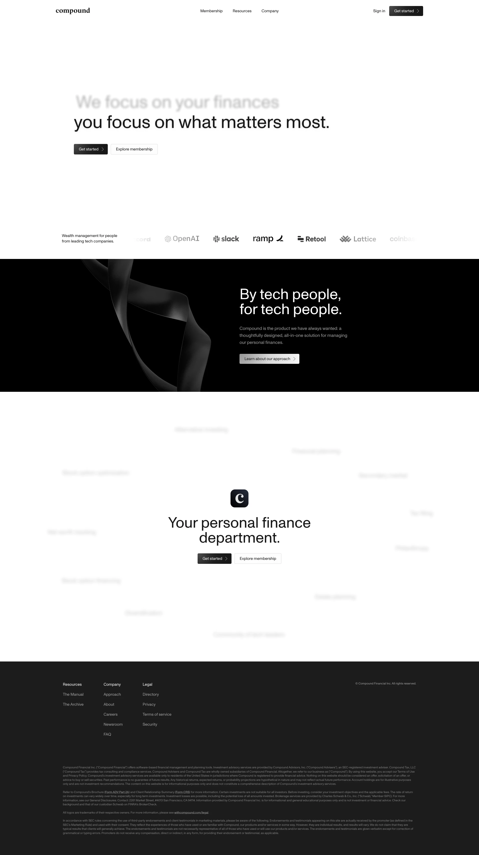 Compound Landing Page Example: Personal finance for tech people. We combine the best of wealth management, investment strategy, and tax planning in a thoughtfully designed personal finance platform.