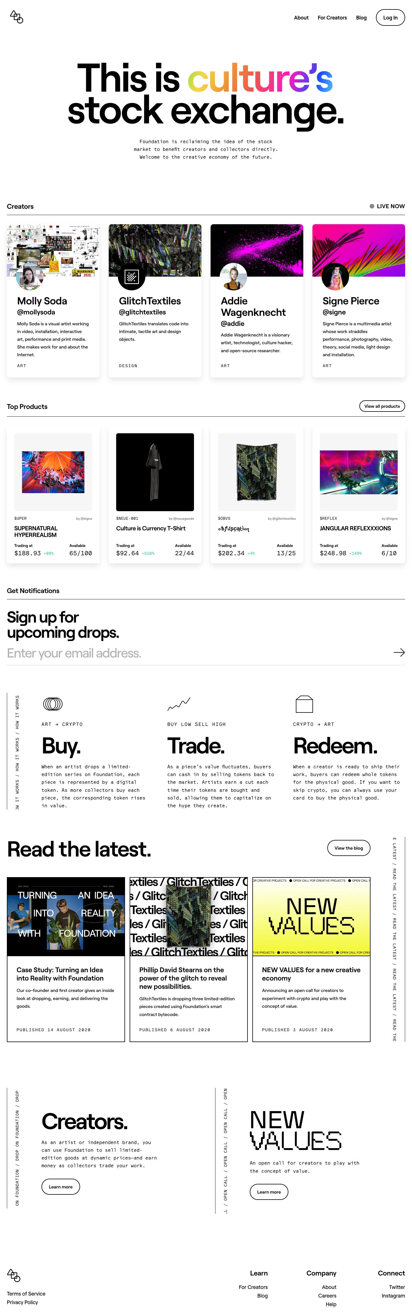 Foundation Landing Page Example: This is culture’s stock exchange. Foundation is reclaiming the idea of the stock market to benefit creators and collectors directly. Welcome to the creative economy of the future.
