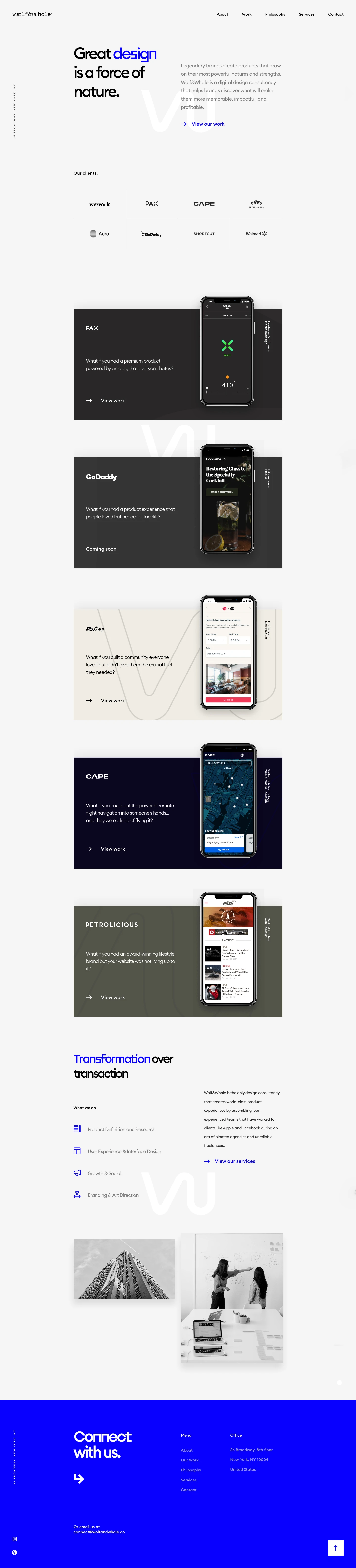 Wolf & Whale Landing Page Example: Legendary brands create products that draw on their most powerful natures and strengths. Wolf & Whale is a digital design consultancy that helps brands discover what will make them more memorable, impactful, and profitable.