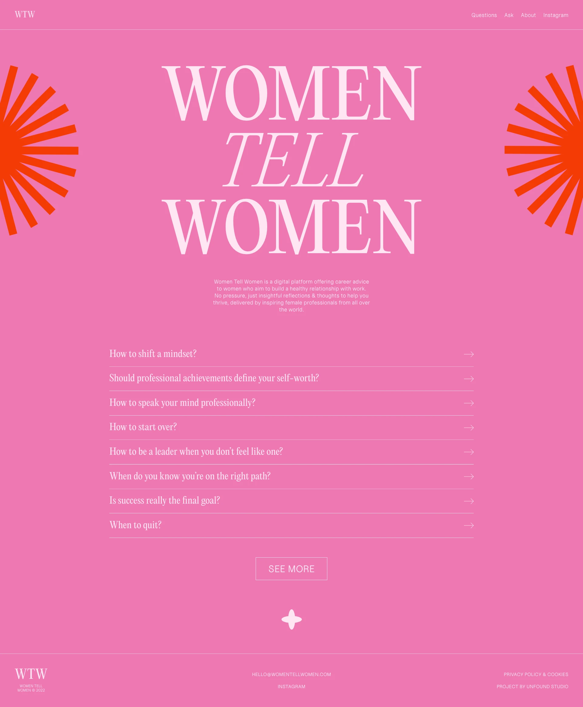 Women Tell Women Landing Page Example: Women Tell Women is a digital platform featuring pressure-free career advice to women who strive to build a healthy relationship with work. Discover career questions answered by female professionals from all over the world.