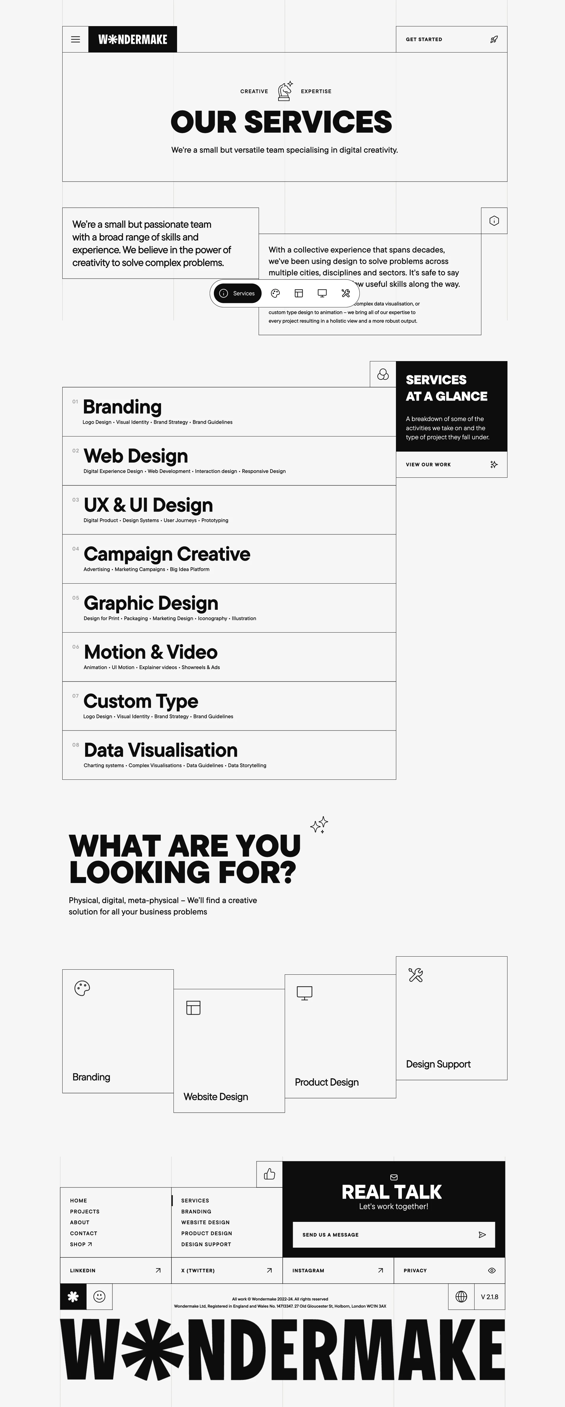 Wondermake Landing Page Example: A design & creative agency with a broad range of expertise. From branding and identity design, to UI/UX and animation. Let's make something!