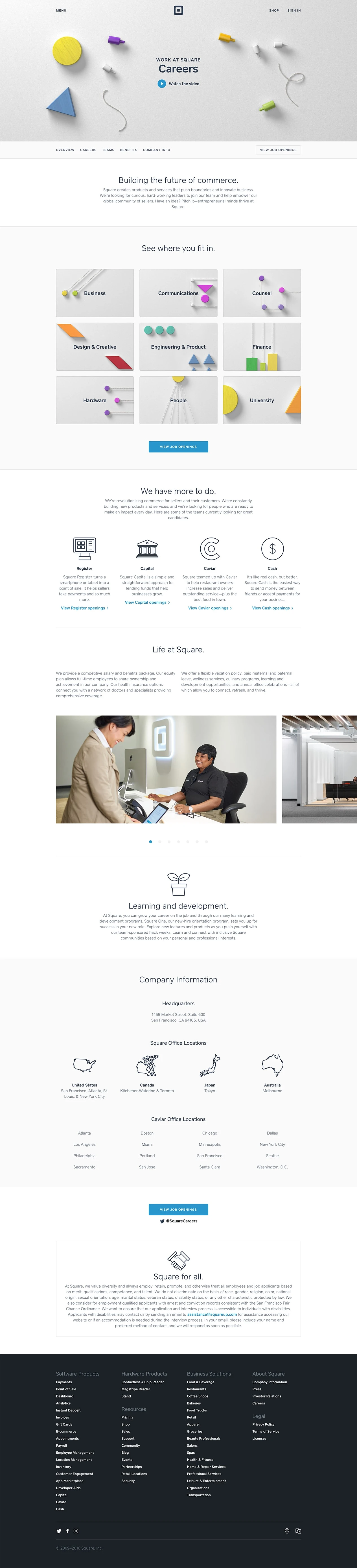 Work at Square - Careers Landing Page Example: Square creates products and services that push boundaries and innovate business.