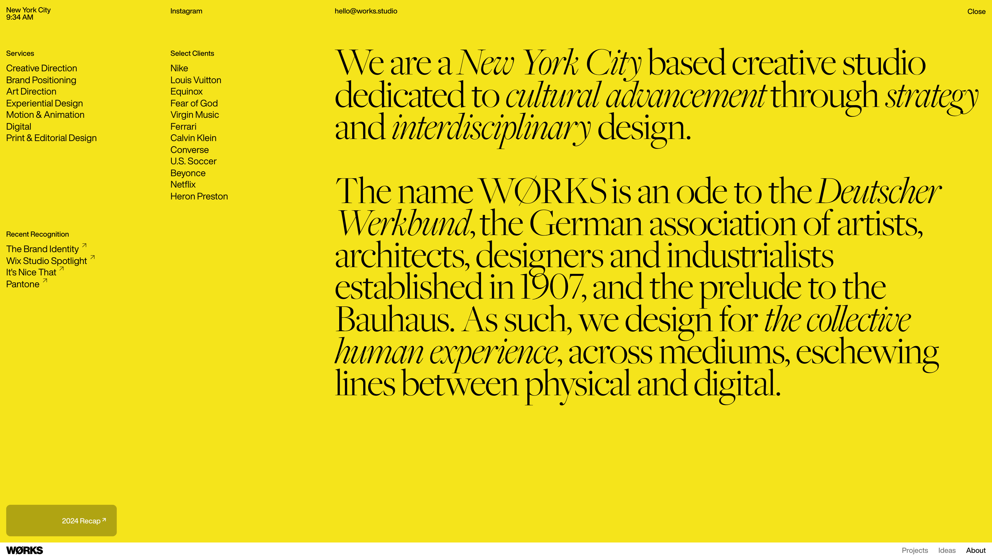 WØRKS Landing Page Example: WØRKS is a collective of creative professionals dedicated to cultural advancement through strategy and design.