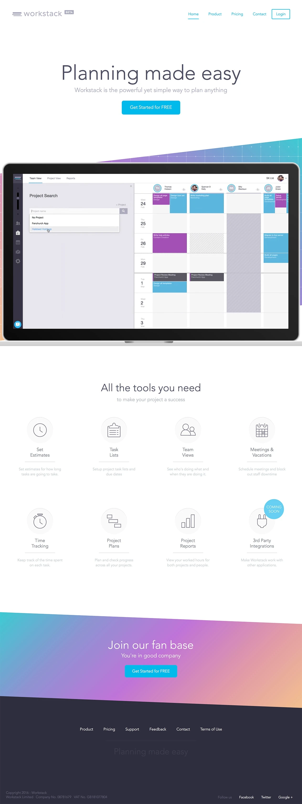 Workstack 2.0 Landing Page Example: Workstack is the powerful and simple way to plan anything. Project plans, team calendars, task lists and time tracking all in one easy to use tool.
