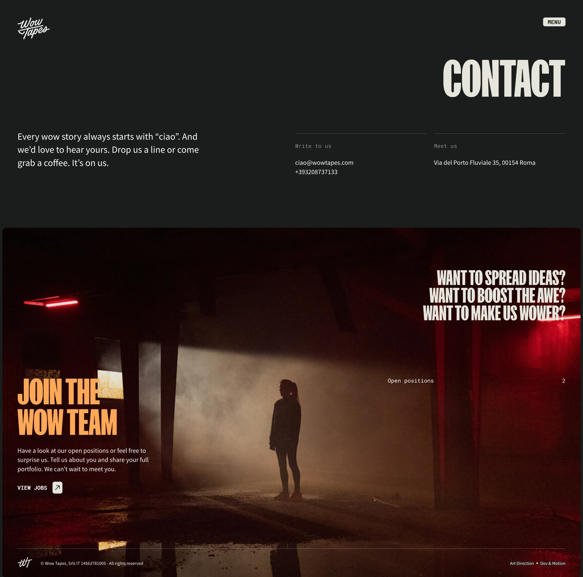 Wow Tapes Landing Page Example: Wow Tapes is an award winning creative studio based in Rome, focused on film production. We craft jaw-dropping stories for brands that aim to impress their audience. Tell us about your project and let’s wow together.