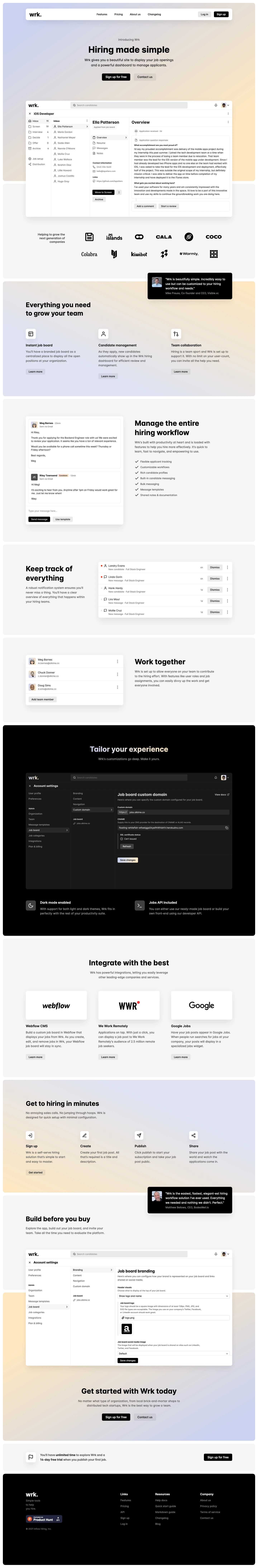 Wrk Landing Page Example: Hiring made simple. Wrk gives you a beautiful site to display your job openings and a powerful dashboard to manage applicants.