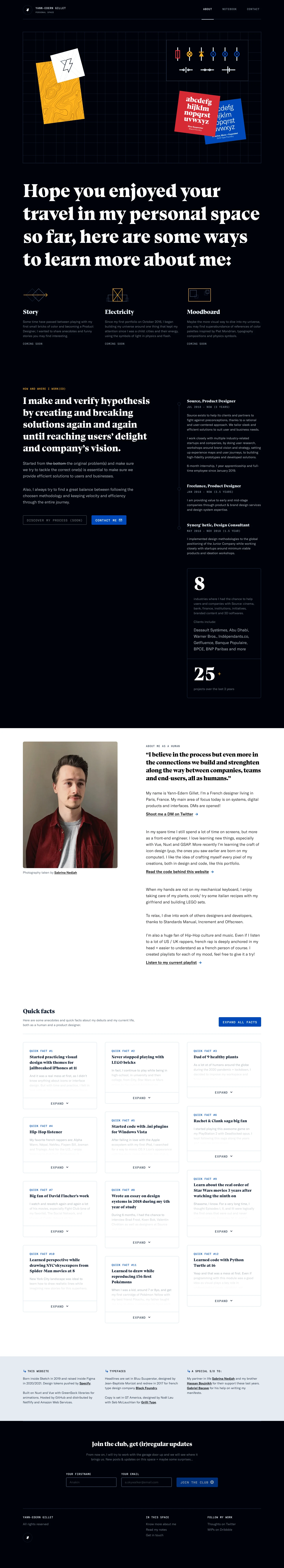 Yann-Edern Gillet Landing Page Example: Personal space of Yann-Edern Gillet, a designer thinking, creating and breaking interfaces, products and systems with a focus on design operations.