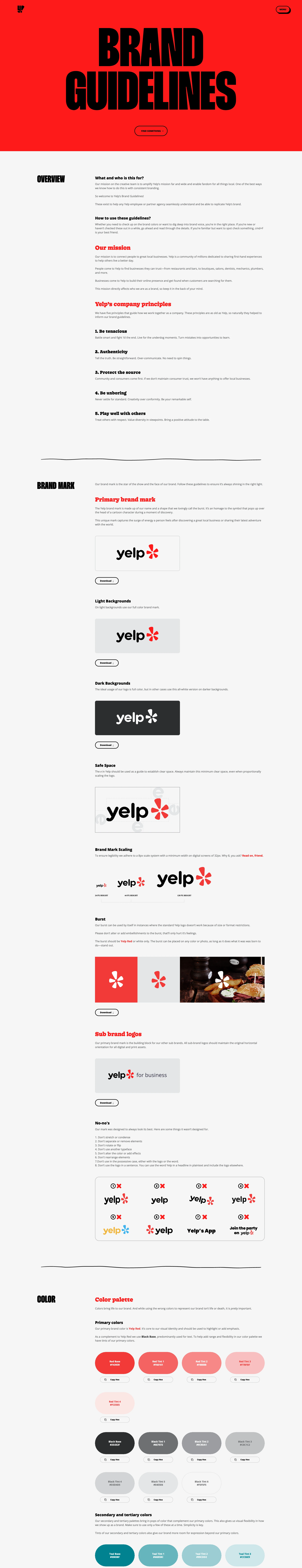 Yelp Creative Landing Page Example: We are a group of creative folks whose sole purpose is to enable fandom inside and out of Yelp. We don’t just make pretty things. We make things that move people—to take action, and to feel. Because our work is only as good as the fans* it creates.