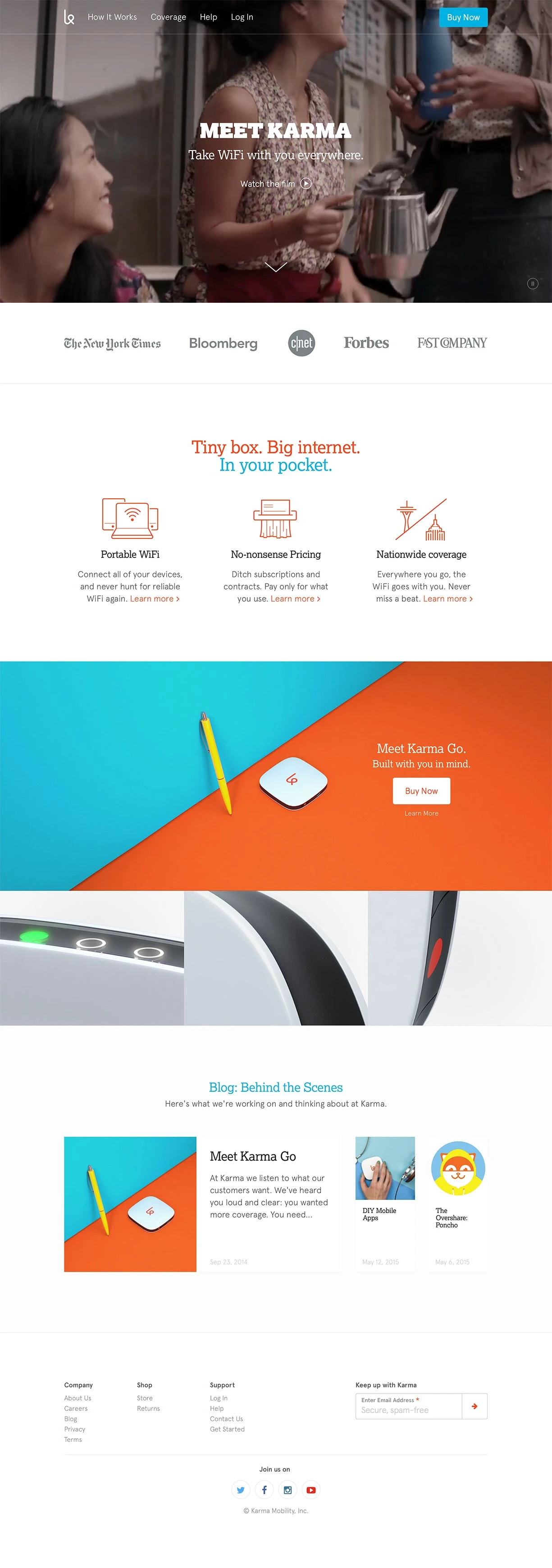Karma Landing Page Example: Karma Go lets you take WiFi everywhere. Pay-as-you-go for data that never expires. No contracts or monthly fees. With nationwide coverage on LTE, stay connected to the internet with all of your devices, seamlessly.