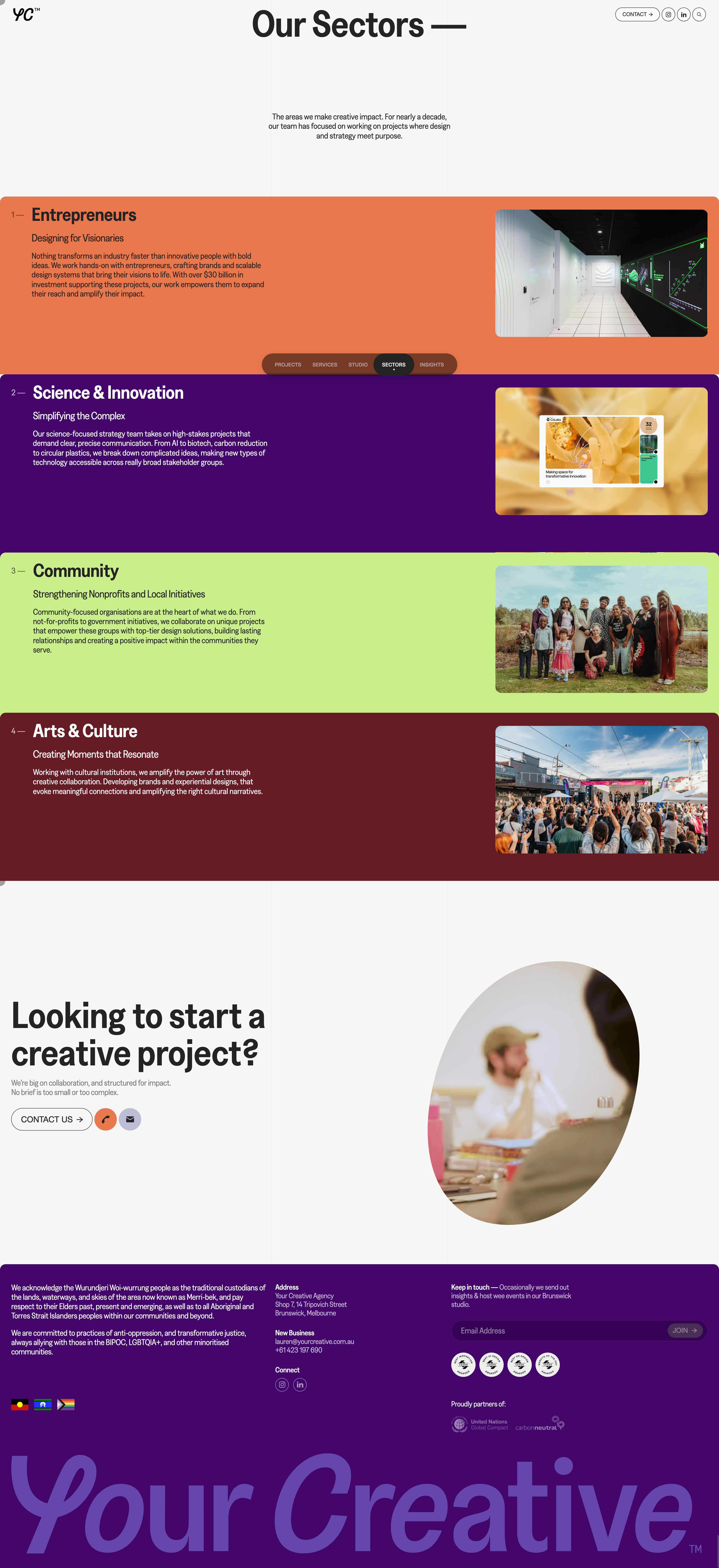 Your Creative Landing Page Example: Your Creative is a Melbourne & Sydney-based creative agency, specialising in branding, web design, digital campaigns, and strategy. We create purposeful brands and experiences that connect.