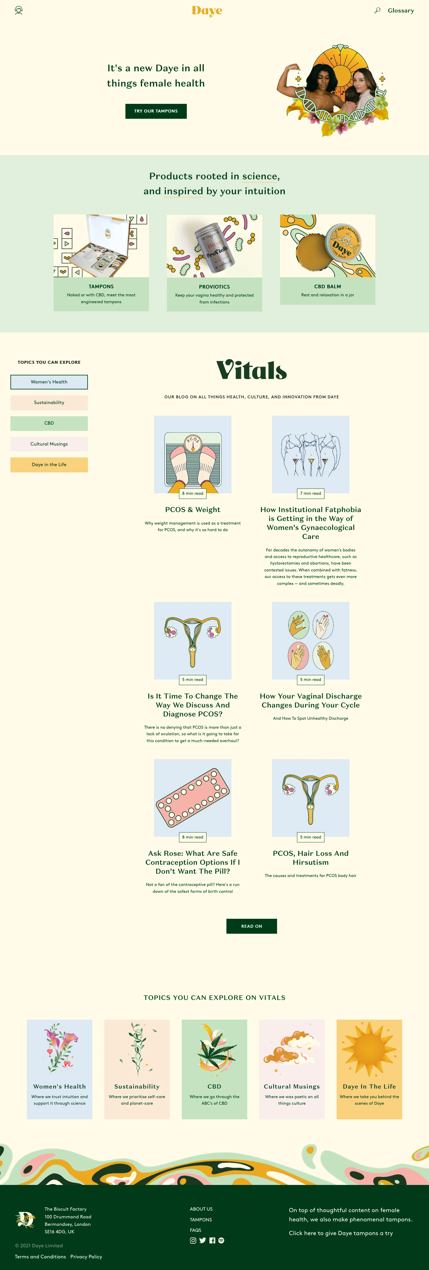 Daye Landing Page Example: Products rooted in science and inspired by female intuition.